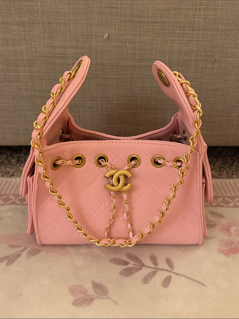 Pink Quilted Mini Drawstring Shoulder Bag with Gold Chain
